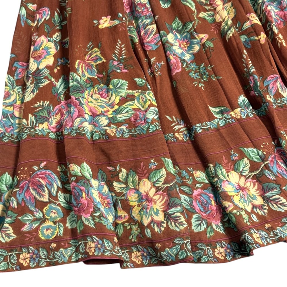 April Cornell Maxi Skirt S Scarborough Georgette Brown Floral Border Cottagecore - Picture 4 of 9